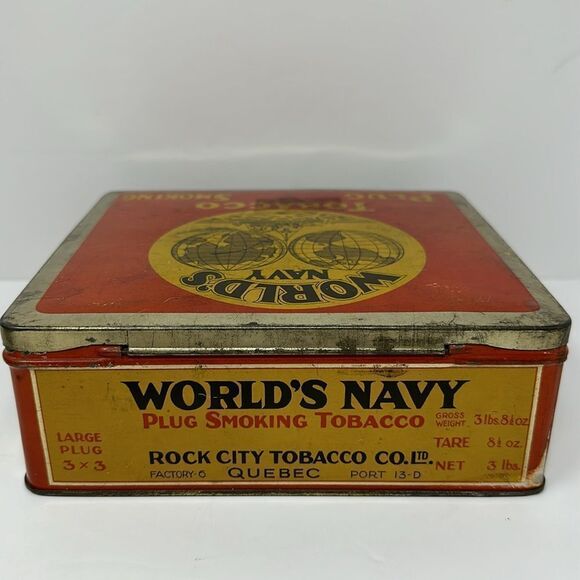 ANTIQUE~WORLD'S NAVY~PLUG SMOKING TOBACCO~3 LB. ADVERTISING LITHO TIN~QUEBEC - Picture 4 of 7